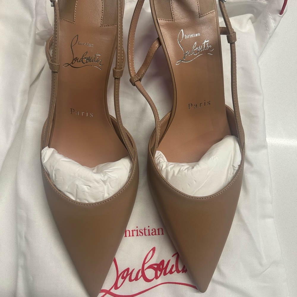 Christian Louboutin Tan Leather Women's Shoes. Sling Back Heels.
